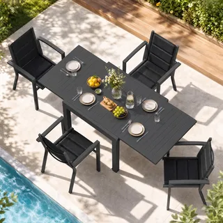 JUMMICO Gartenmöbel Set mit 4 Stühlen, Ausziehbarer Tisch 80–160 x 80 cm, Aluminium Balkonmöbel, Schnelltrocknende Sitzpolster, Bis 150 kg Belastbar, für Garten Balkon Terrasse