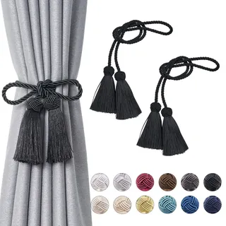 Pretty Jolly 2 Stück doppelte Quaste Vorhang Raffhalter handgemachte Seil Knoten drapieren Raffhalter Krawatte zurück Elegante dekorative Vorhanghalter für Haus & Büro Fenster Draperie (schwarz)