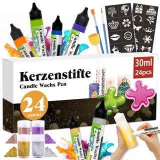 CAwished 30ml Kerzenstifte Wachsstifte mit Feiner Glitzer Gold Silber Kerzen Bemalen Set Candle Wachs Pen für Ideal zum Kerzen Dekorieren & Gestalten Kerzenfarbe (24-Farben)