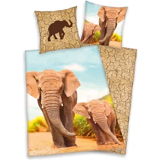 Herding Bettwäsche Elefant mit Baby 135x200 cm (80x80 cm)