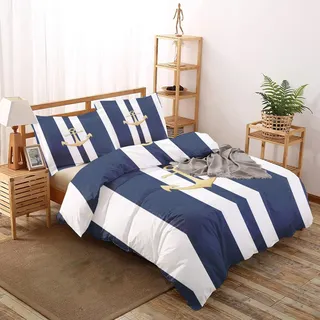 Bettwäsche 140x200 Maritime - Maritime Anker Sailor Bettbezug 140x200 3 teilig, Wendebettwäsche und 2 Kissenbezug, Weiche Mikrofaser Bettwäsche-Sets mit Reißverschluss, Blau Weiß Schlafzimmer Deko