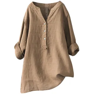 Musselin Bluse Damen - Elegant Tshirt V-Ausschnitt Leinenbluse mit Knöpfen Sommer Hemdbluse Baumwolle Oversize Oberteile Leinenhemd Langarmshirt
