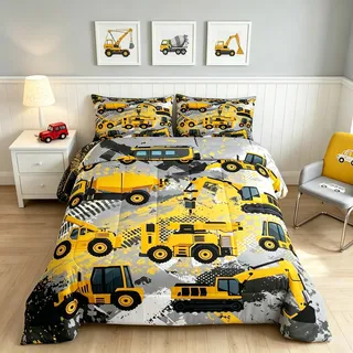 Feelyou Bettwäsche-Set für Jungen, volle Größe, Tröster für Jungen, Kinder, Traktor, Tröster-Set, Kleinkinder, BAU, Dekorationen, Autobett für Jungen, Cartoon-Bagger, Lastwagen, Steppdecken-Set mit 2