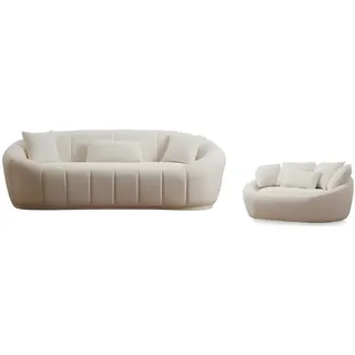 aea Wohnzimmer Weiße Couch Garnitur Dreisitzer Moderner 2-Sitzer Textil Set - Weiß