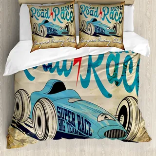 ABAKUHAUS Autos Bettbezug, New York Racing Old School, Milbensicher Allergiker geeignet mit Kissenbezügen, 200 cm x 200 cm - 80 x 80 cm, Aqua-Sand-Brown
