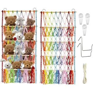 QUTHZZHY Kuscheltier Aufbewahrung, 4 Lagen Plüschtier Kuscheltiere Aufbewahrung Netz, Boho-Macramé Hängematte mit 2 Haken, Kinderzimmer Deko für Plüschtiere und Teddybären