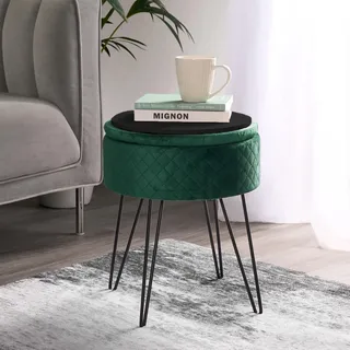 OHS Grüner Fußhocker aus Samt, Hocker mit Stauraum für Schlafzimmer, Wohnzimmer, Haarnadelbeine, Ottomane, Hocker, dekorativ, gepolsterter Pouf, Make-up, Sitzfußhocker