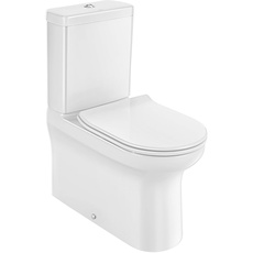 Spülrandlos Stand-WC Kombination, Spülrandfreie Toilettenschüssel mit Spülkasten, Hygienisches Randlose Design, Keramik, Weiß,Inklusive abnehmbarem WC-Sitz mit Absenkautomatik