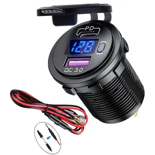 USB Auto Steckdose KFZ Schnellladung Ladegerät QC3.0+ PD3.0 Ladeports mit Schalter für 12V/24V Fahrzeuge KFZ Boot Motorrad SUV Bus LKW Wohnwagen Marine (QC3.0+PD+ Schalter mit Voltmeter)