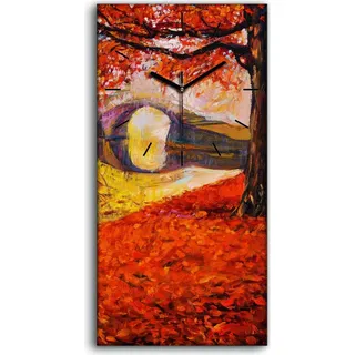 Wanduhr Bürouhr Leinwand Bild 30x60 Malen von Park Bäumen Herbst Blätter - schwarze Hände - Rot