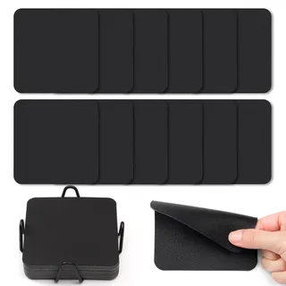 Myir JUN Untersetzer Gläser 12er Viereckige Glas Untersetzer Set 10cm Doppelseitige Untersetzer Teller Wasserfeste rutschfeste Untersetzer mit Untersetzerhaltern(Schwarz)