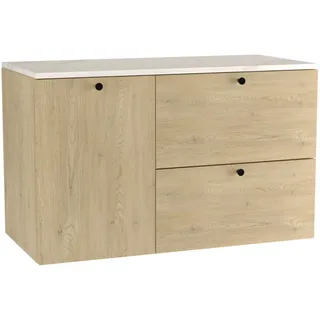 WENA Waschtischunterschrank 100 cm mit Wäschekorb, glatte Fronten, Griffe aus Metall in der Farbe Schwarz (Farbe: Eiche Cremona/Marmur Bianco) - Bronze, Beige