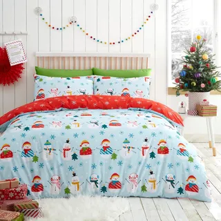 Fusion Weihnachts-Bettbezug in Enteneiblau, King-Size-Größe (230 x 220 cm), wendbares Design, Schneemann-Bettbezug, Weihnachtsbettwäsche mit 2 Kissenbezügen, rotes, Hellblau