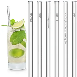 HALM Glas-Strohhalme - Berlin Edition mit Gravur - 6 Stück gerade 20 cm - Berlin Souvenirs - Geschenkartikel - Wiederverwendbare Glas-Trinkhalme - inkl. plastikfreie Reinigungsbürste - Glasstrohalme