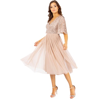 Maya Deluxe Damen Maya Deluxe Damen Midi Abendkleid Cocktailkleid Abschlussball V-ausschnitt Kurze Ärmel Tüllkleid Ele Bridesmaid Dress, Blush, 36 EU