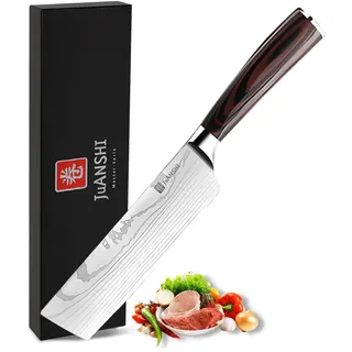 JUANSHI® Profi Nakiri Messer 18 cm, Asiatisches Küchenmesser aus Hochwertigem Edelstahl, Extrem Scharfes Gemüsemesser mit Pakkaholzgriff, Japanisch Inspiriertes Kochmesser in Geschenkbox