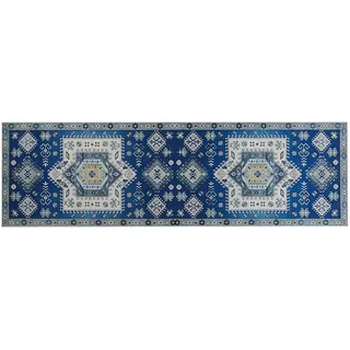 Beliani Kurzflor-Teppich Parvakadli 200/60 cm , Blau , Kunststoff , Grafikmuster , Rechteckig , 60x200 cm , Teppiche und Böden, Teppiche, Orientteppiche