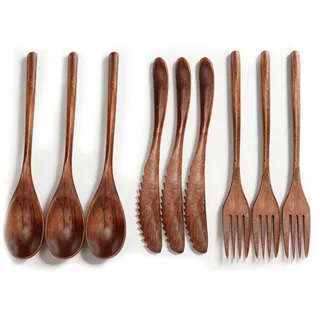 9PCS Holzbesteck, Salatbesteck Holz Japanische Geschirr Sets, Besteck Set Vintage Holz Besteck Wiederverwendbare Holzdinnerutensilien Für Haus Cafe Restaurant Camping, Reisen