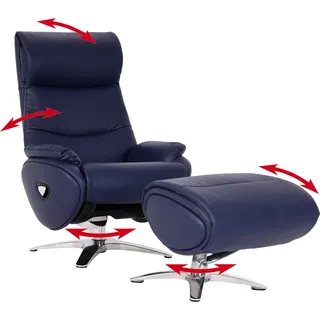 Relaxsessel mit Hocker HWC-K98, Fernsehsessel Sessel, Liegefunktion drehbar, Metall Echtleder/Kunstleder blau - Blau