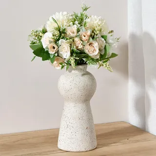PORCER Rustikale Keramik-Blumenvase, 20 cm, niedlicher Boho-Stil, für Heimdekoration, Bauernhaus-Terrakotta-Vase für Wohnzimmer, Tisch, Regal, Kamindekoration, Bauernhaus-Sesam-Punkt, Weiß