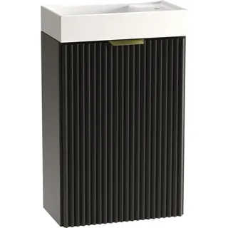 WENA Waschtischunterschrank mit Waschbecken 40 cm, geriffelte Fronten, Griffe aus Metall in der Farbe Gold (Farbe: Schwarz) - Schwarz