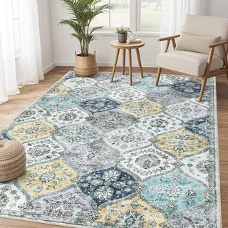 LuxFocus Waschbare Vintage-Teppiche 120x170cm, Faltbare Niederflor-Innenmatte, Groß Wohnzimmerteppich, Weich rutschfest Teppich für Büro Esszimmer Kinderzimmer, Blau Gelb