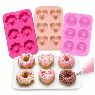 3 Stück Silikon Donuts Backform, 6 Hohlraum antihaft hitzebeständig | Donut Backform, Donutform, Backofen Silikonformen, Backen, für Donuts Muffins Kuchen Bagels, Runde Blumen Herz