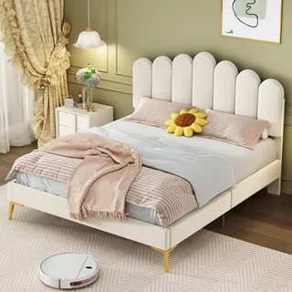 okwish Polsterbett 140 x 200 cm, Bettgestell mit Kopfteil und Lattenrost, Jugendbett für Erwachsene, Doppelbett, Gästebett in hautfreundlichem Samtstoff, Beige - Beige