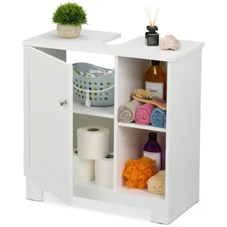 Relaxdays Waschbeckenunterschrank mit Tür & Fächer, HxBxT: 60x60x30 cm, aus MDF, Badunterschrank für Waschbecken, weiß