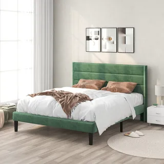 okwish Polsterbett 140 x 200 cm, Bettgestell mit Lattenrost & Kopfteil, gepolstertes Doppelbett aus Samt, Jugendbett Dunkelgrün (Ohne Matratze) - dunkelgrün
