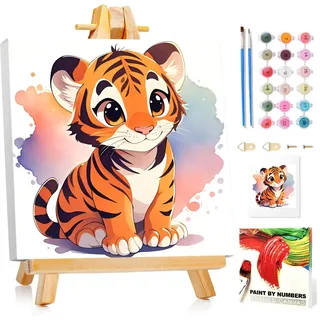 Tiger Malen Nach Zahlen mit Rahmen, Malen nach zahlen,Malset mit Rahmen, Pinsel und Acrylfarben mit Glitzer 20x20cm