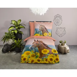 Good Morning Kinderbettwäsche Pferd mit Sonnenblumen Mehrfarbig 135 x 200 cm + 80 x 80 cm