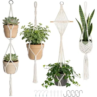 HUKUMA 4er Set Makramee Blumenampel Hängend Innen, Boho Deko Blumenampel Makramee mit Haken, Baumwollseil Blumentopf Hängend mit Quasten, Hängetopf für Zimmer, Garten, Balkon, Fenster