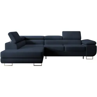 Selsey Ecksofa L-Sofa mit Schlaffunktion, Bettkasten, Ottomane links, Veloursbezug Dunkelblau