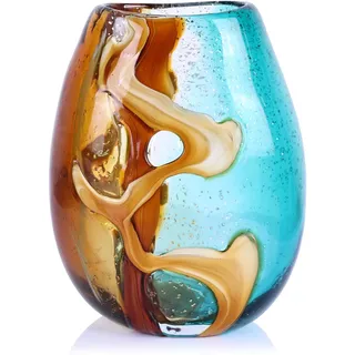 Hübsche, mundgeblasene Glasvase, farbige Glas-Blumenvasen, Heimdekoration, bernsteinfarbene und blaugrüne dekorative Murano-Vase für Wohnzimmer, Büro, Schlafzimmer, Küstentisch, Tafelaufsätze