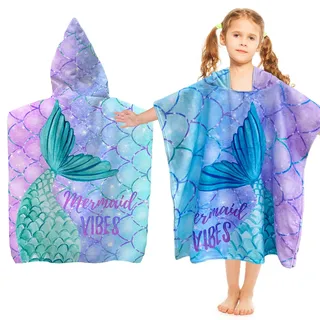 Badeponcho Kinder mit Kapuze, Handtuch Poncho Kinder, Badeponcho Mädchen | Mikrofaser Poncho Strandtuch, Badehandtuch Kinder, Badetuch Kinder für MäDchen, Jungen Kleinkind 2-8 Jahre (Meerjungfrau)