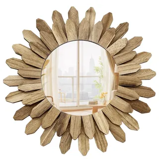 CeyKvo Wandspiegel Bohemian, 30 cm Durchmesser, Rustikales Sunburst-Design in Braun, Dekorativer Wandspiegel mit Holzoptik für Wohnzimmer, Schlafzimmer, Flur, Boho-Stil Deko & Wanddekoration