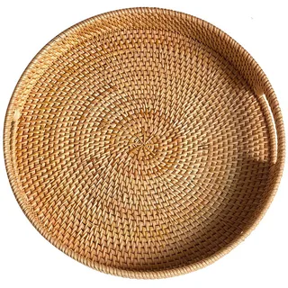 Rundes Rattan Serviertablett, Handgewebtes Serviertablett mit Griffen, Wicker Servierkorb, Dekoratives Tablett für Küche, Wohnzimmer (Natürlich, 34 cm)