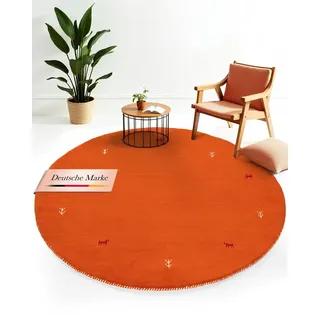 carpetfine Wollteppich Gabbeh Uni« rund 15 mm Höhe reine Wolle handgewebt, Gabbeh Tiermotiv warmes Raumklima viele Größen, orange Ø 300 cm | Moderner Teppich für Wohn- und Schlafzimmer