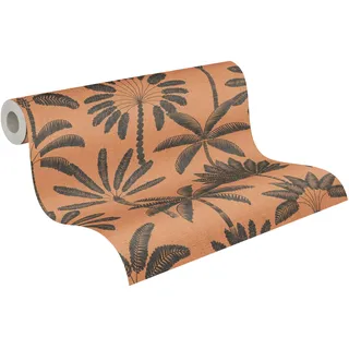 A.S. Création Vliestapete mit Palmenblatt-Motiv in Orange, Schwarz, Metallic - exotische Dschungeltapete 10,05 m x 0,53 m - 791633