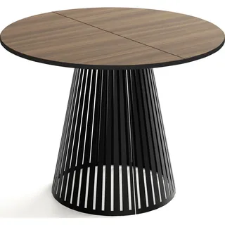 WFL Group Esstisch Naro rund ausziehbar mit Schwarzem Lamellen-Metallgestell, Walnuss Braun 100-180/100/76 cm , Holzwerkstoff , Rund,Rund , 100x76x100 cm , Esszimmer, Esstische