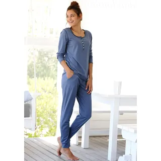 Pyjama ARIZONA, Damen, Gr. 56/58, blau (jeans, meliert), Single Jersey, Obermaterial: 60% Baumwolle, 40% Polyester, meliert, bequem lang, Rundhals, Homewear-Sets Pyjama, in melierter Qualität mit Knopfleiste