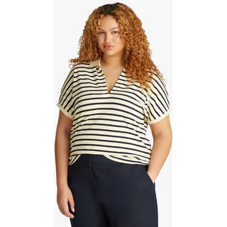 Poloshirt TOMMY HILFIGER CURVE "CRV LYOCELL OPEN-NK POLO SS", Damen, Gr. 50, blau (calico, schwarz night navy stp), Jersey, Obermaterial: 65% Lyocell, 32% Baumwolle, 3% Elasthan, gestreift, regular fit hüftlang, tiefer V-Ausschnitt, elastischer Bund kontrastfarben, Shirts Poloshirt, in Großen Größen, Polokragen, Streifenmuster