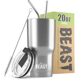 Beast Thermobecher 550 ml - Silber I Mehrweg Thermo Kaffeebecher To Go mit 2 Strohhalmen & Reinigungsbürste I Doppelwandiger Trinkbecher aus Edelstahl I Perfekt für Kaffee oder Eiskaffee I BPA-frei