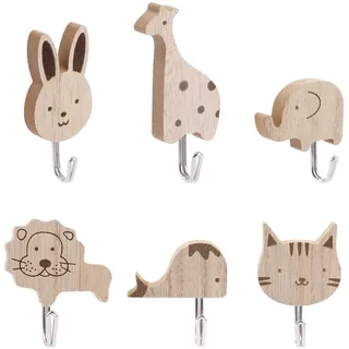 6 Stück Süße Tier Kindergarderobe Haken, Selbstklebende Holz Kleiderhaken Kinder,Garderobenhaken Kinder,Kaninchen,Giraffe,Elefant,Löwe,Wal, Katze Cartoon Wandhaken für Schlafzimmer Kinderzimmer Küche