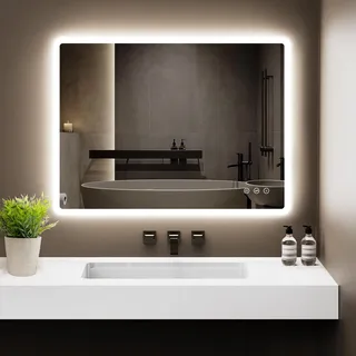 GIMBELEN Badezimmerspiegel Led Badspiegel 80x60 cm, Rechteckig, Touch-Schalter, Dimmbar, 3 Lichtfarbe Einstellbare Spiegel Bad mit Beleuchtung, Vertikal, Antibeschlag,für Montage Horizontal/Vertikal