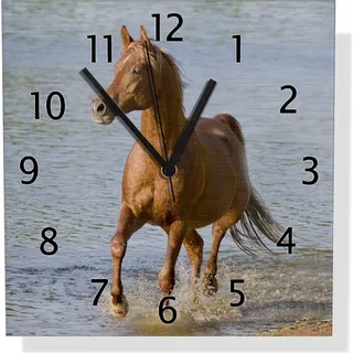 Wallario Design Wanduhr Braunes Pferd am Meer Araber am Wasser aus Aluverbund, Größe 30 x 30 cm - Blau