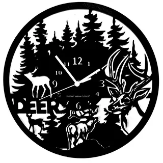Instant Karma Clocks Wanduhr Deer Hirsch Wald Tiere Jäger Ø30cm, Schwarz, Holz