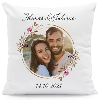 GRAVURZEILE Bedrucktes Kissen mit Foto - Floral Kreis - Personalisiert mit Foto, Namen & Datum - Persönliches Geschenk für Paare zum Valentinstag Geburtstag oder Hochzeit - Größe mit Füllung