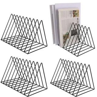 ZOFUN 4 Stück Dreieckiger Buch-Organizer, Buchstütze Metall, 9 Fächer, Zeitungsständer Metall, Magazinständer Schwarz, Schallplattenständer, Zeitungshalter für Büro,CD, Magazin, Büchern und Fotoalben